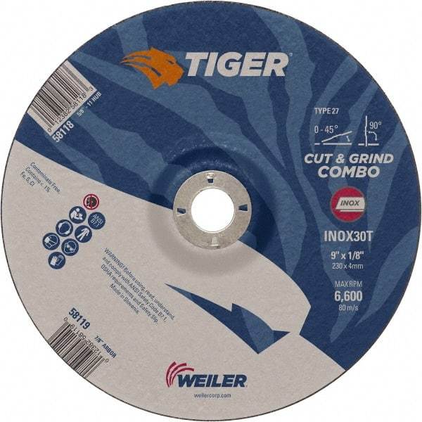 Weiler - 30 Grit, 9" Wheel Diam, 7/8" Arbor Hole, Type 27 Depressed Center Wheel - Hard Grade, Aluminum Oxide, T Hardness, 6,600 Max RPM - Apex Tool & Supply