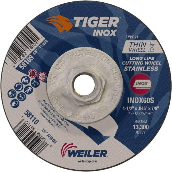 Weiler - 60 Grit, 4-1/2" Wheel Diam, Type 27 Depressed Center Wheel - Medium Grade, Aluminum Oxide, S Hardness, 13,300 Max RPM - Apex Tool & Supply