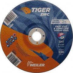 Weiler - 24 Grit, 7" Wheel Diam, 7/8" Arbor Hole, Type 28 Depressed Center Wheel - Hard Grade, Zirconia Alumina, T Hardness, 8,500 Max RPM - Apex Tool & Supply