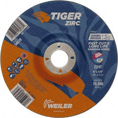 Weiler - 24 Grit, 6" Wheel Diam, 7/8" Arbor Hole, Type 27 Depressed Center Wheel - Hard Grade, Zirconia Alumina, T Hardness, 10,200 Max RPM - Apex Tool & Supply