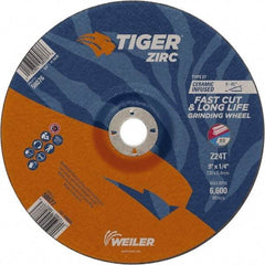 Weiler - 24 Grit, 9" Wheel Diam, 7/8" Arbor Hole, Type 27 Depressed Center Wheel - Hard Grade, Zirconia Alumina, T Hardness, 6,600 Max RPM - Apex Tool & Supply