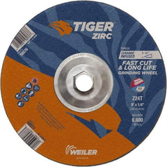 Weiler - 24 Grit, 9" Wheel Diam, Type 27 Depressed Center Wheel - Hard Grade, Zirconia Alumina, T Hardness, 6,600 Max RPM - Apex Tool & Supply