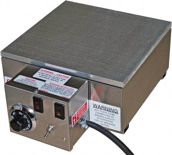 Valad Electric Heating - 12" Long x 12 Wide x 6" High, 110/120 Volt Hot Plate - 100 to 550°F, 1 Burner, Aluminum Plate, 1500 Watt, 13.6 Amps, 304 Stainless Steel Base - Apex Tool & Supply