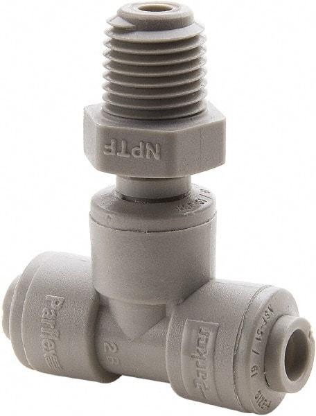 Parker - 1/2" Outside Diam, 3/8 NPTF, Acetal Push-to-Connect Tube Male Swivel Branch Tee - 250 Max psi, Gray - Apex Tool & Supply