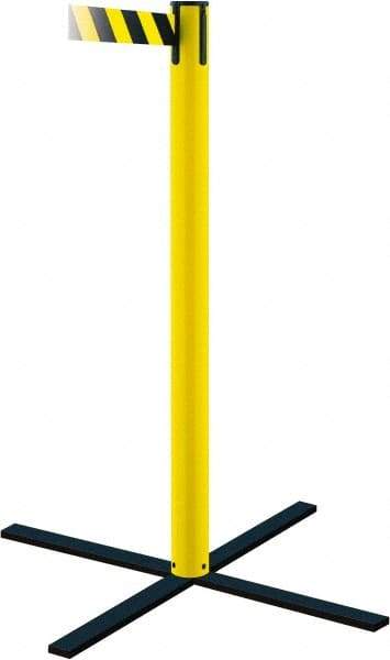 Tensator - 36" High, 5" Pole Diam, Stowaway Post - 22-3/4" Base Diam, Flat Metal Base, Yellow Plastic Post, 13' x 2" Tape, Single Line Tape, For Outdoor Use - Apex Tool & Supply