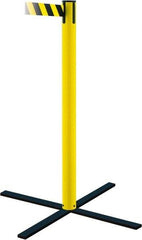 Tensator - 36" High, 5" Pole Diam, Stowaway Post - 22-3/4" Base Diam, Flat Metal Base, Yellow Plastic Post, 13' x 2" Tape, Single Line Tape, For Outdoor Use - Apex Tool & Supply