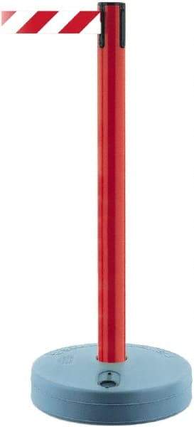 Tensator - 38" High, 2-1/2" Pole Diam, Barricade Tape Dispenser - 14" Base Diam, Round Plastic Base, Red Polymer Post, 7-1/2' x 1-7/8" Tape, Single Line Tape, For Outdoor Use - Apex Tool & Supply