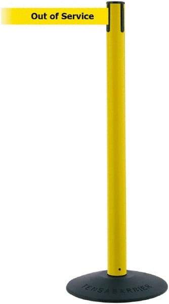 Tensator - 38" High, 2-1/2" Pole Diam, Barricade Tape Dispenser - 14" Base Diam, Round Stainless Steel Base, Black Polymer Post, 7-1/2' x 1-7/8" Tape, Single Line Tape, For Outdoor Use - Apex Tool & Supply