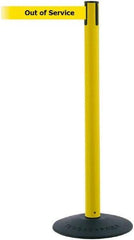 Tensator - 38" High, 2-1/2" Pole Diam, Barricade Tape Dispenser - 14" Base Diam, Round Stainless Steel Base, Black Polymer Post, 7-1/2' x 1-7/8" Tape, Single Line Tape, For Outdoor Use - Apex Tool & Supply