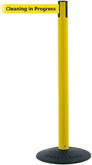Tensator - 38" High, 2-1/2" Pole Diam, Barricade Tape Dispenser - 14" Base Diam, Round Stainless Steel Base, Black Polymer Post, 7-1/2' x 1-7/8" Tape, Single Line Tape, For Outdoor Use - Apex Tool & Supply