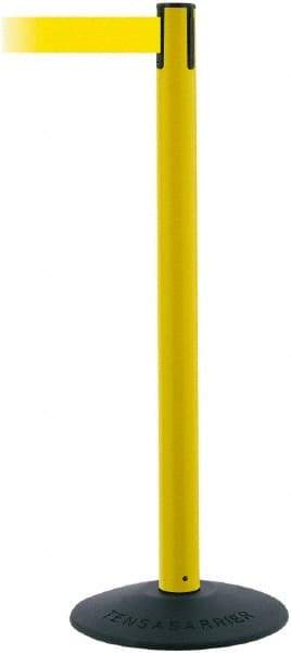 Tensator - 38" High, 2-1/2" Pole Diam, Barricade Tape Dispenser - 14" Base Diam, Round Stainless Steel Base, Black Polymer Post, 7-1/2' x 1-7/8" Tape, Single Line Tape, For Outdoor Use - Apex Tool & Supply