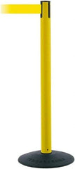 Tensator - 38" High, 2-1/2" Pole Diam, Barricade Tape Dispenser - 14" Base Diam, Round Stainless Steel Base, Black Polymer Post, 7-1/2' x 1-7/8" Tape, Single Line Tape, For Outdoor Use - Apex Tool & Supply