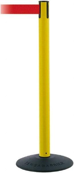 Tensator - 38" High, 2-1/2" Pole Diam, Barricade Tape Dispenser - 14" Base Diam, Round Stainless Steel Base, Black Polymer Post, 7-1/2' x 1-7/8" Tape, Single Line Tape, For Outdoor Use - Apex Tool & Supply