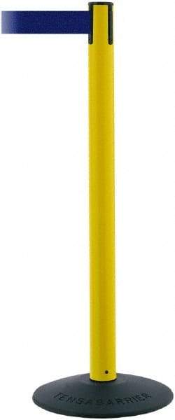Tensator - 38" High, 2-1/2" Pole Diam, Barricade Tape Dispenser - 14" Base Diam, Round Stainless Steel Base, Black Polymer Post, 7-1/2' x 1-7/8" Tape, Single Line Tape, For Outdoor Use - Apex Tool & Supply