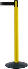 Tensator - 38" High, 2-1/2" Pole Diam, Barricade Tape Dispenser - 14" Base Diam, Round Stainless Steel Base, Yellow Polymer Post, 7-1/2' x 1-7/8" Tape, Single Line Tape, For Outdoor Use - Apex Tool & Supply