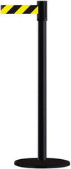 Tensator - 38" High, 2" Pole Diam, Barricade Tape Dispenser - 14" Base Diam, Round Plastic Base, Black Steel Post, 7-1/2' x 1-7/8" Tape, Single Line Tape, For Outdoor Use - Apex Tool & Supply
