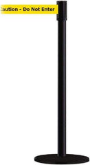Tensator - 38" High, 2" Pole Diam, Barricade Tape Dispenser - 14" Base Diam, Round Plastic Base, Black Steel Post, 7-1/2' x 1-7/8" Tape, Single Line Tape, For Outdoor Use - Apex Tool & Supply
