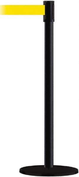 Tensator - 38" High, 2" Pole Diam, Barricade Tape Dispenser - 14" Base Diam, Round Plastic Base, Black Steel Post, 7-1/2' x 1-7/8" Tape, Single Line Tape, For Outdoor Use - Apex Tool & Supply