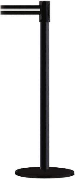 Tensator - 38" High, 2" Pole Diam, Barricade Tape Dispenser - 14" Base Diam, Round Plastic Base, Black Steel Post, 13' x 1-7/8" Tape, Single Line Tape, For Outdoor Use - Apex Tool & Supply