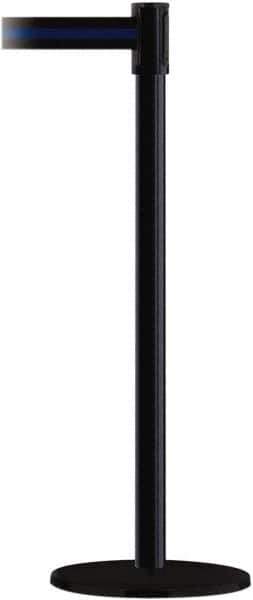 Tensator - 38" High, 2" Pole Diam, Barricade Tape Dispenser - 14" Base Diam, Round Plastic Base, Black Steel Post, 13' x 1-7/8" Tape, Single Line Tape, For Outdoor Use - Apex Tool & Supply