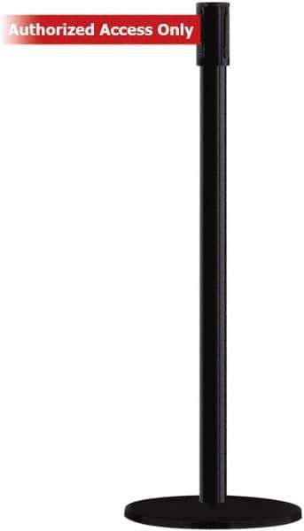 Tensator - 38" High, 2" Pole Diam, Barricade Tape Dispenser - 14" Base Diam, Round Plastic Base, Black Steel Post, 7-1/2' x 1-7/8" Tape, Single Line Tape, For Outdoor Use - Apex Tool & Supply