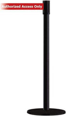 Tensator - 38" High, 2" Pole Diam, Barricade Tape Dispenser - 14" Base Diam, Round Plastic Base, Black Steel Post, 7-1/2' x 1-7/8" Tape, Single Line Tape, For Outdoor Use - Apex Tool & Supply