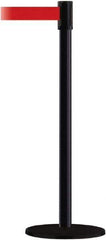 Tensator - 38" High, 2" Pole Diam, Barricade Tape Dispenser - 14" Base Diam, Round Plastic Base, Black Steel Post, 13' x 1-7/8" Tape, Single Line Tape, For Outdoor Use - Apex Tool & Supply