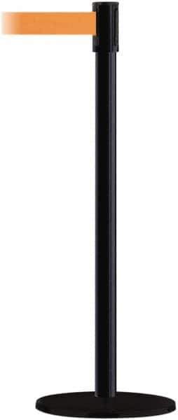 Tensator - 38" High, 2" Pole Diam, Barricade Tape Dispenser - 14" Base Diam, Round Plastic Base, Black Steel Post, 13' x 1-7/8" Tape, Single Line Tape, For Outdoor Use - Apex Tool & Supply