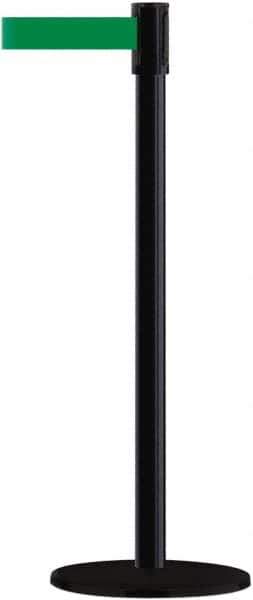 Tensator - 38" High, 2" Pole Diam, Barricade Tape Dispenser - 14" Base Diam, Round Plastic Base, Black Steel Post, 13' x 1-7/8" Tape, Single Line Tape, For Outdoor Use - Apex Tool & Supply