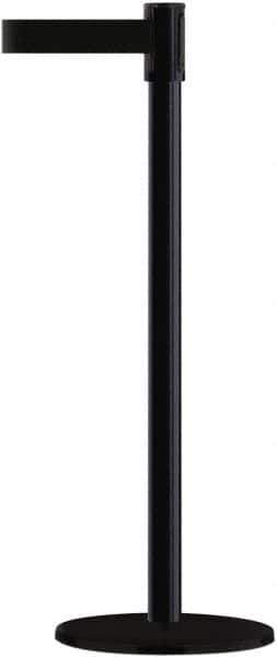 Tensator - 38" High, 2" Pole Diam, Barricade Tape Dispenser - 14" Base Diam, Round Plastic Base, Black Steel Post, 13' x 1-7/8" Tape, Single Line Tape, For Outdoor Use - Apex Tool & Supply