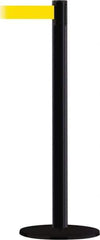 Tensator - 38" High, 2-1/2" Pole Diam, Barricade Tape Dispenser - 14" Base Diam, Round Stainless Steel Base, Black Steel Post, 13' x 1-7/8" Tape, Single Line Tape, For Outdoor Use - Apex Tool & Supply