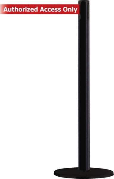 Tensator - 38" High, 2-1/2" Pole Diam, Barricade Tape Dispenser - 14" Base Diam, Round Stainless Steel Base, Black Steel Post, 13' x 1-7/8" Tape, Single Line Tape, For Outdoor Use - Apex Tool & Supply