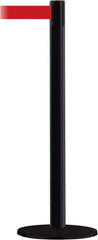 Tensator - 38" High, 2-1/2" Pole Diam, Barricade Tape Dispenser - 14" Base Diam, Round Stainless Steel Base, Black Steel Post, 13' x 1-7/8" Tape, Single Line Tape, For Outdoor Use - Apex Tool & Supply