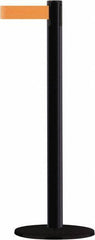 Tensator - 38" High, 2-1/2" Pole Diam, Barricade Tape Dispenser - 14" Base Diam, Round Stainless Steel Base, Black Steel Post, 13' x 1-7/8" Tape, Single Line Tape, For Outdoor Use - Apex Tool & Supply