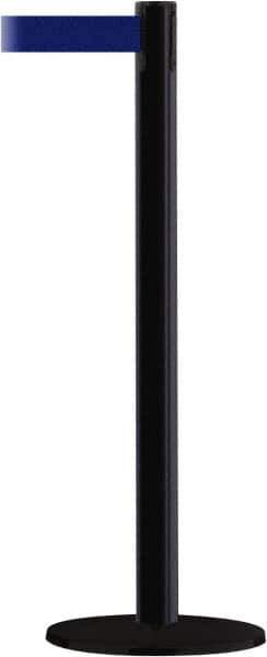 Tensator - 38" High, 2-1/2" Pole Diam, Barricade Tape Dispenser - 14" Base Diam, Round Stainless Steel Base, Black Steel Post, 13' x 1-7/8" Tape, Single Line Tape, For Outdoor Use - Apex Tool & Supply