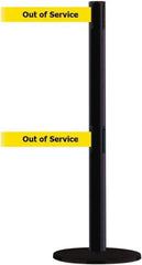 Tensator - 38" High, 2-1/2" Pole Diam, Barricade Tape Dispenser - 14" Base Diam, Round Plastic Base, Black Steel Post, 13' x 1-7/8" Tape, Dual Line Tape, For Outdoor Use - Apex Tool & Supply