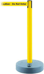 Tensator - 38" High, 2-1/2" Pole Diam, Barricade Tape Dispenser - 14" Base Diam, Round Plastic Base, Yellow Polymer Post, 7-1/2' x 1-7/8" Tape, Single Line Tape, For Outdoor Use - Apex Tool & Supply