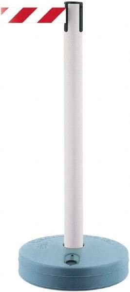Tensator - 38" High, 2-1/2" Pole Diam, Barricade Tape Dispenser - 14" Base Diam, Round Plastic Base, White Polymer Post, 7-1/2' x 1-7/8" Tape, Single Line Tape, For Outdoor Use - Apex Tool & Supply