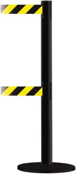 Tensator - 38" High, 2-1/2" Pole Diam, Barricade Tape Dispenser - 14" Base Diam, Round Plastic Base, Black Steel Post, 13' x 1-7/8" Tape, Dual Line Tape, For Outdoor Use - Apex Tool & Supply