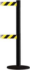 Tensator - 38" High, 2-1/2" Pole Diam, Barricade Tape Dispenser - 14" Base Diam, Round Plastic Base, Black Steel Post, 13' x 1-7/8" Tape, Dual Line Tape, For Outdoor Use - Apex Tool & Supply