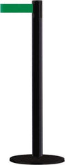 Tensator - 38" High, 2-1/2" Pole Diam, Barricade Tape Dispenser - 14" Base Diam, Round Stainless Steel Base, Black Steel Post, 13' x 1-7/8" Tape, Single Line Tape, For Outdoor Use - Apex Tool & Supply