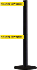 Tensator - 38" High, 2-1/2" Pole Diam, Barricade Tape Dispenser - 14" Base Diam, Round Plastic Base, Black Steel Post, 7-1/2' x 1-7/8" Tape, Dual Line Tape, For Outdoor Use - Apex Tool & Supply