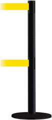 Tensator - 38" High, 2-1/2" Pole Diam, Barricade Tape Dispenser - 14" Base Diam, Round Plastic Base, Black Steel Post, 7-1/2' x 1-7/8" Tape, Dual Line Tape, For Outdoor Use - Apex Tool & Supply
