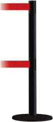 Tensator - 38" High, 2-1/2" Pole Diam, Barricade Tape Dispenser - 14" Base Diam, Round Plastic Base, Black Steel Post, 7-1/2' x 1-7/8" Tape, Dual Line Tape, For Outdoor Use - Apex Tool & Supply