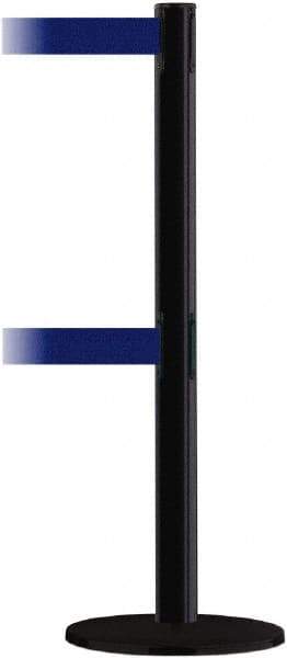 Tensator - 38" High, 2-1/2" Pole Diam, Barricade Tape Dispenser - 14" Base Diam, Round Plastic Base, Black Steel Post, 13' x 1-7/8" Tape, Dual Line Tape, For Outdoor Use - Apex Tool & Supply