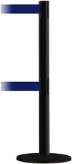 Tensator - 38" High, 2-1/2" Pole Diam, Barricade Tape Dispenser - 14" Base Diam, Round Plastic Base, Black Steel Post, 13' x 1-7/8" Tape, Dual Line Tape, For Outdoor Use - Apex Tool & Supply