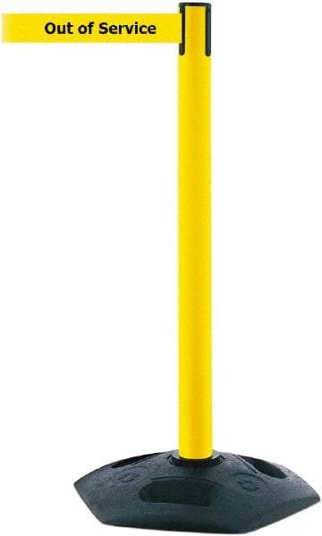Tensator - 38" High, 2-1/2" Pole Diam, Barricade Tape Dispenser - 14" Base Diam, Round Rubber Base, Yellow Polymer Post, 7-1/2' x 1-7/8" Tape, Single Line Tape, For Outdoor Use - Apex Tool & Supply