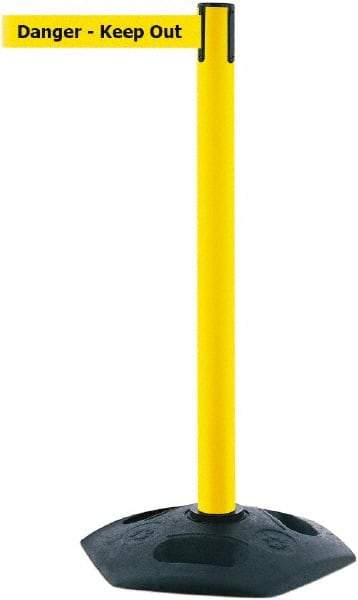 Tensator - 38" High, 2-1/2" Pole Diam, Barricade Tape Dispenser - 14" Base Diam, Round Rubber Base, Yellow Polymer Post, 7-1/2' x 1-7/8" Tape, Single Line Tape, For Outdoor Use - Apex Tool & Supply