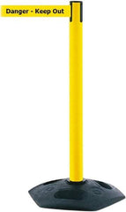 Tensator - 38" High, 2-1/2" Pole Diam, Barricade Tape Dispenser - 14" Base Diam, Round Rubber Base, Yellow Polymer Post, 7-1/2' x 1-7/8" Tape, Single Line Tape, For Outdoor Use - Apex Tool & Supply