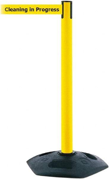 Tensator - 38" High, 2-1/2" Pole Diam, Barricade Tape Dispenser - 14" Base Diam, Round Rubber Base, Yellow Polymer Post, 7-1/2' x 1-7/8" Tape, Single Line Tape, For Outdoor Use - Apex Tool & Supply
